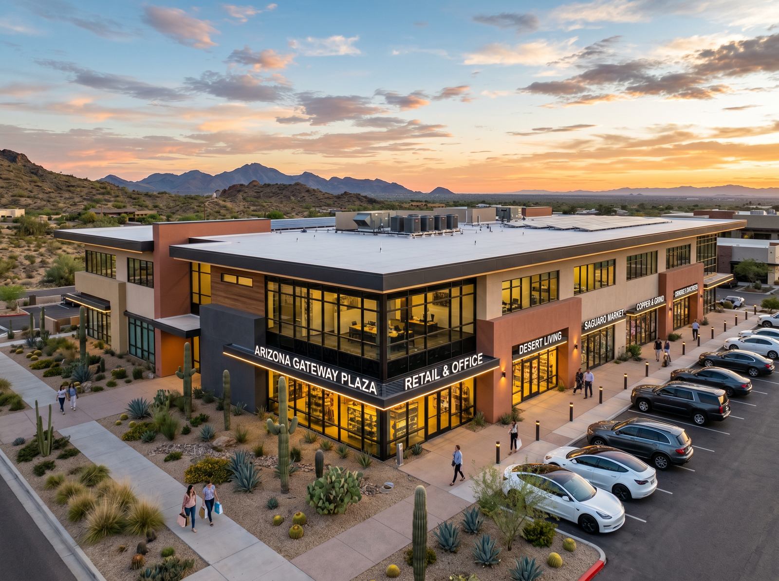 Modern commercial building with a flat roof in the Arizona desert at sunset