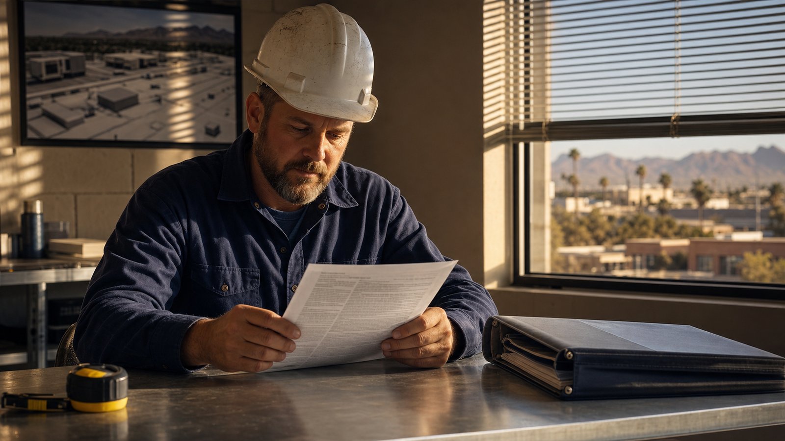 Phoenix commercial roofing contractor reviewing the fine print on a paper roof warranty document at a workshop table with a hard hat, tape measure, and warranty binder