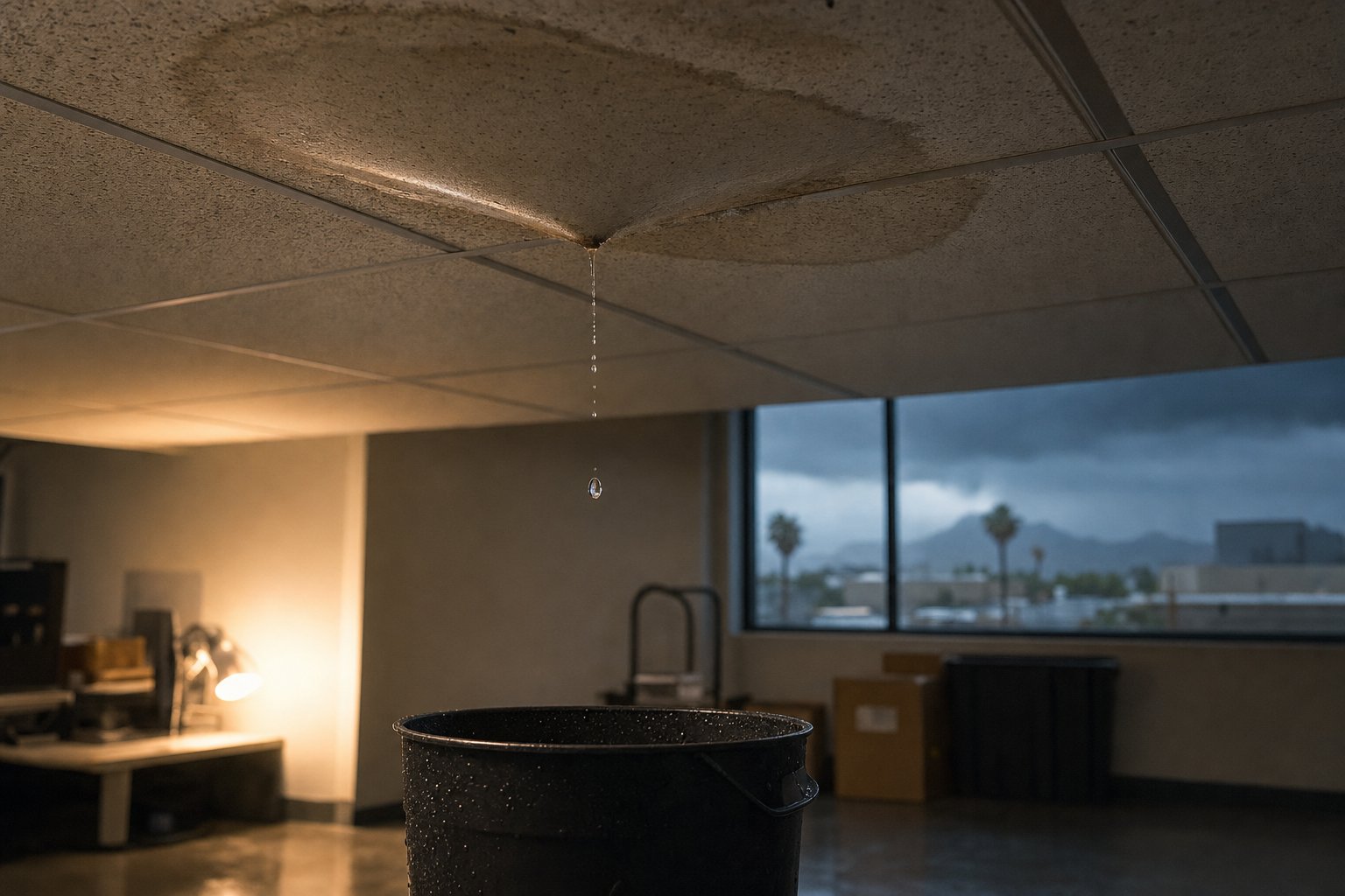 Active water leak dripping from a stained commercial ceiling tile into a black bucket during a Phoenix monsoon storm