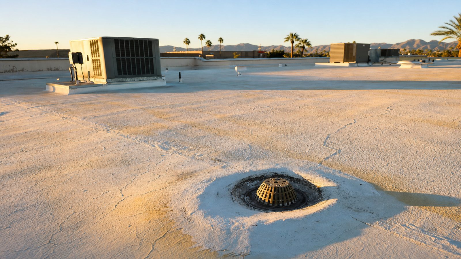 Aging spray polyurethane foam commercial roof in Phoenix showing UV chalking, hairline cracks, and yellowing around a roof drain at golden hour with mountains and HVAC units in the background