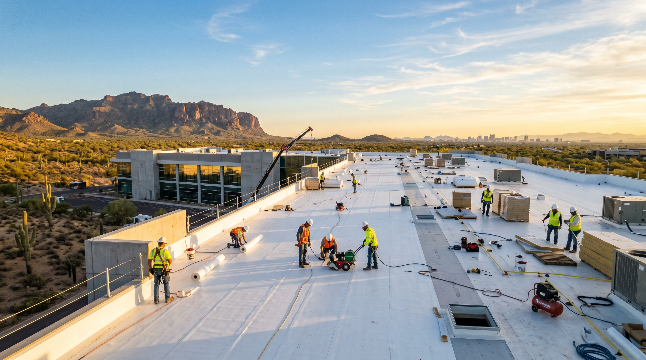 Aerial view of commercial roofing work being done on a large building in Arizona