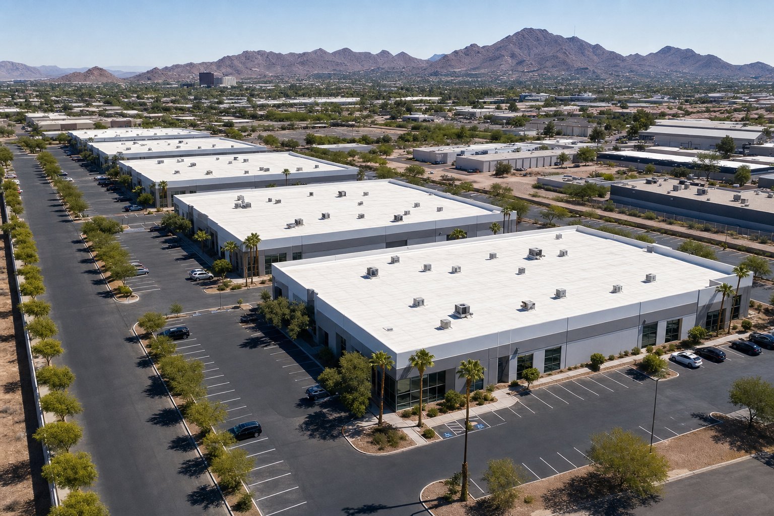 Aerial view of a multi-building Phoenix business park with matching white foam roofs across four commercial buildings