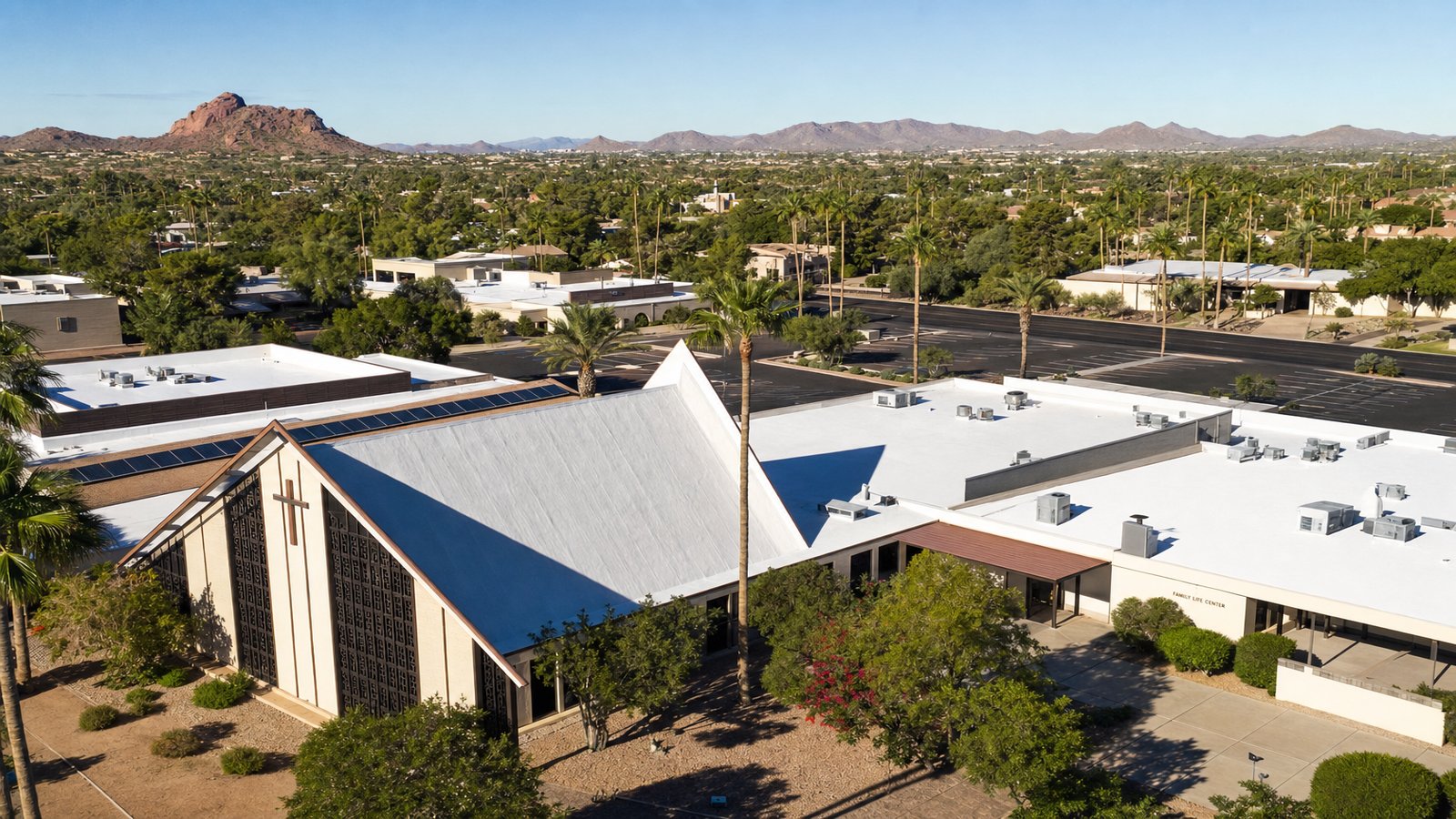 Aerial view of a restored church roof at a Phoenix-area religious facility after foam restoration
