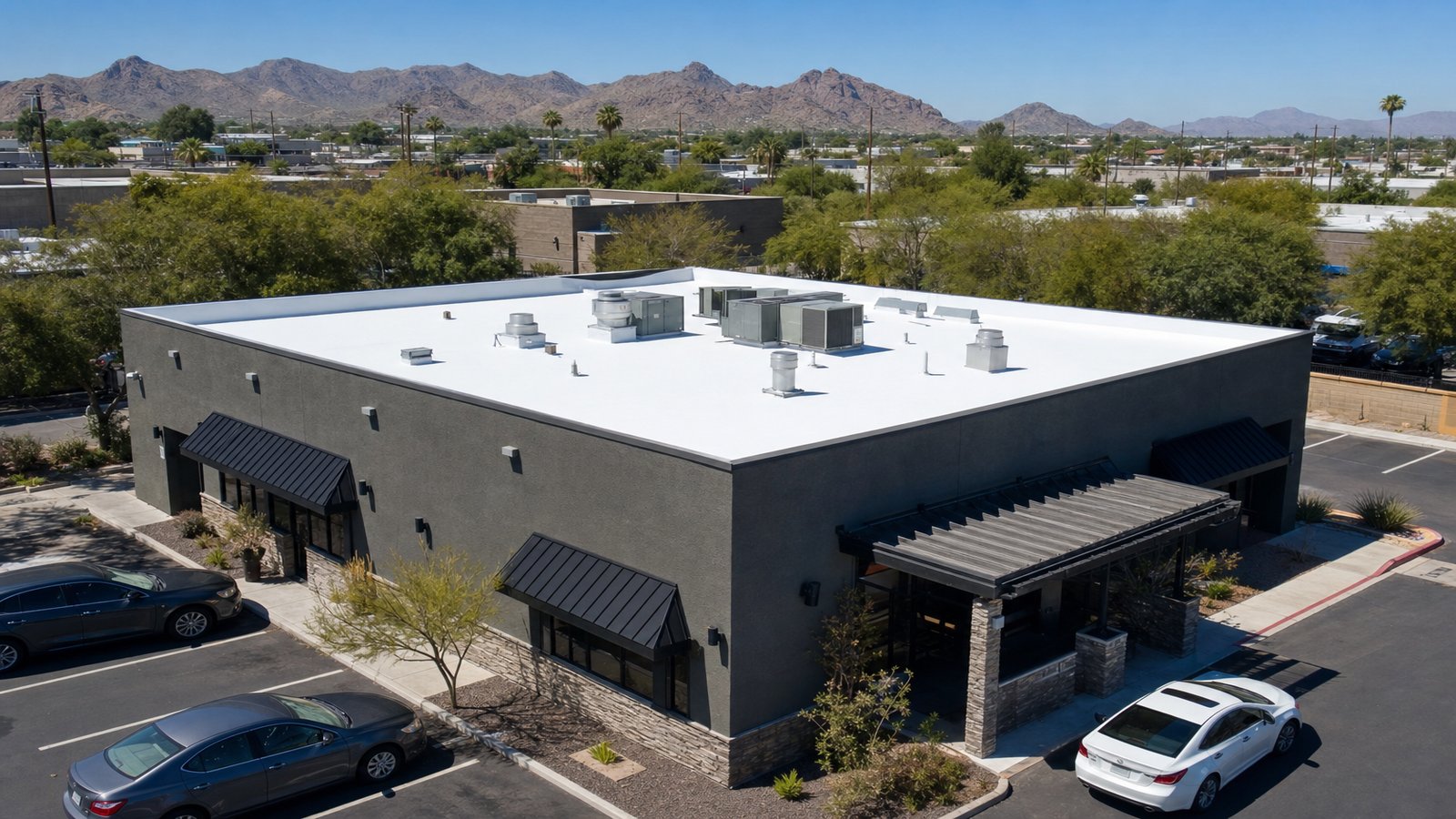 Aerial view of a Phoenix-area sports bar and restaurant with foam roof after Vanguard restoration