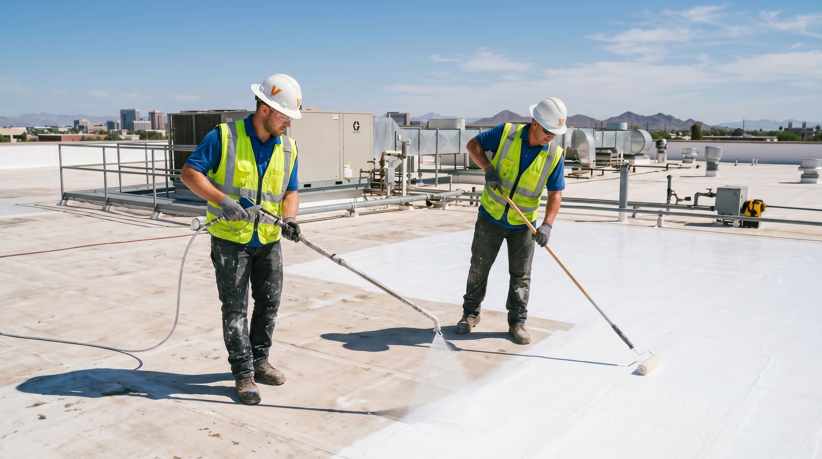 Vanguard Roofing crew applying reflective roof coating on a commercial building in Arizona