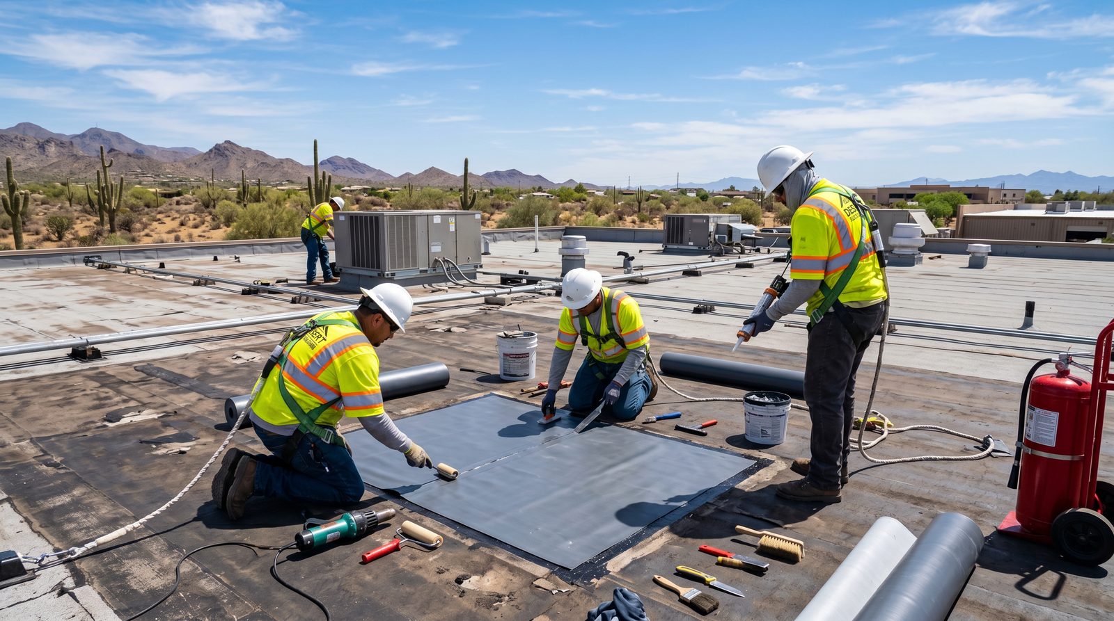 Commercial roofing technician performing repair work on a flat commercial roof