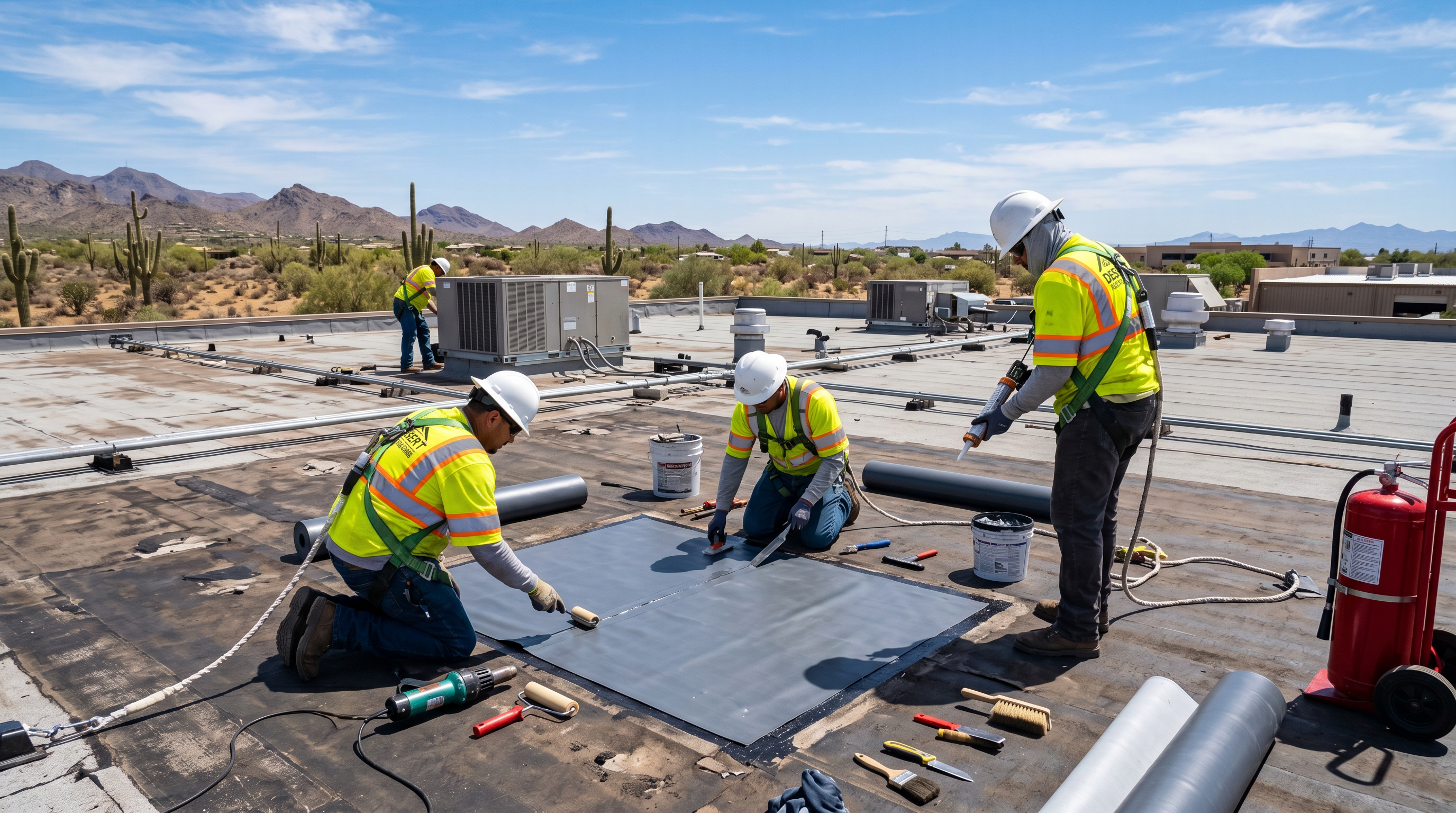 Vanguard Roofing crew performing repairs on a commercial flat roof in Arizona