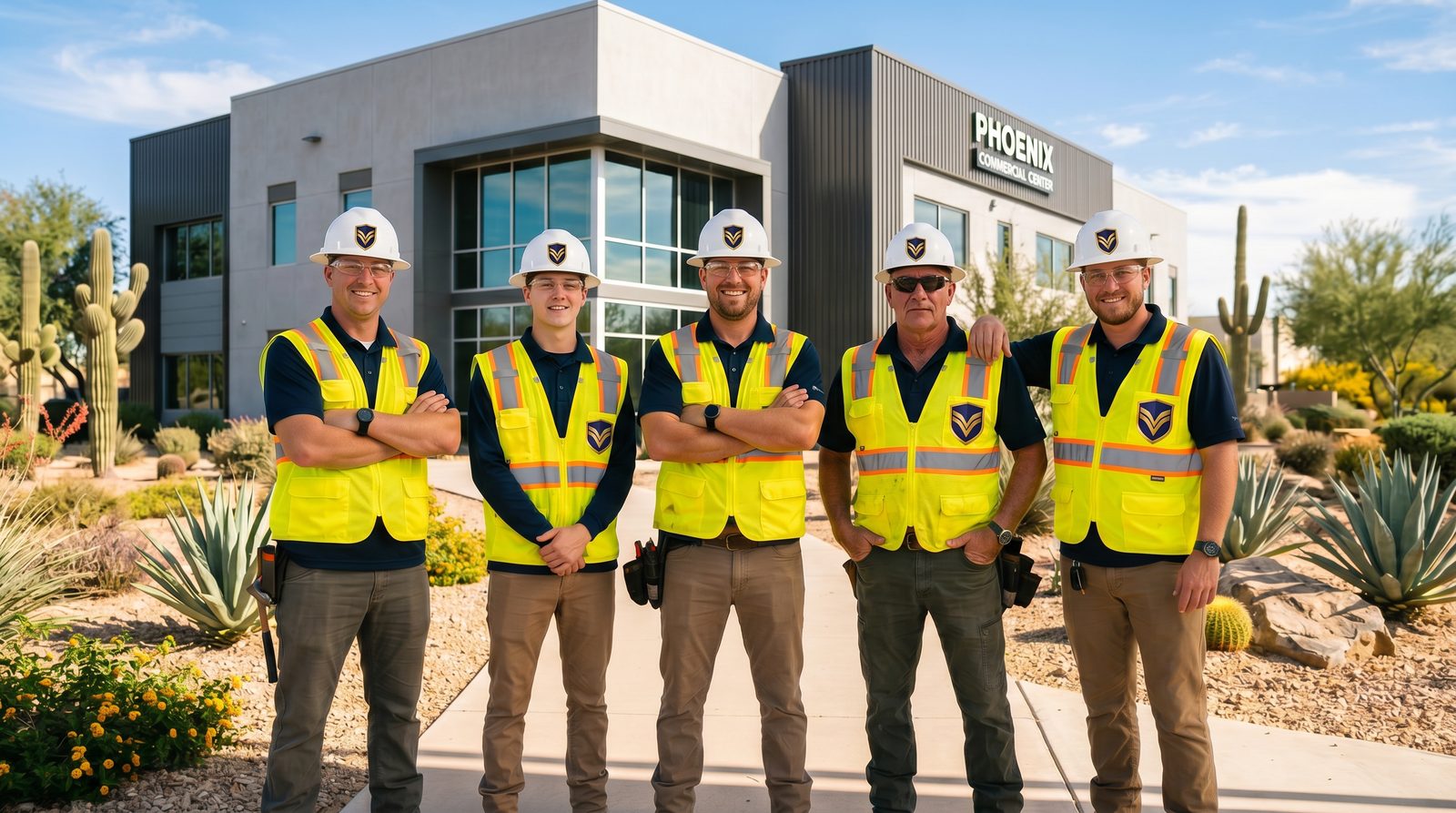 Vanguard Roofing AZ professional roofing team in yellow hi-viz vests and white hard hats posing in front of a commercial building in Arizona