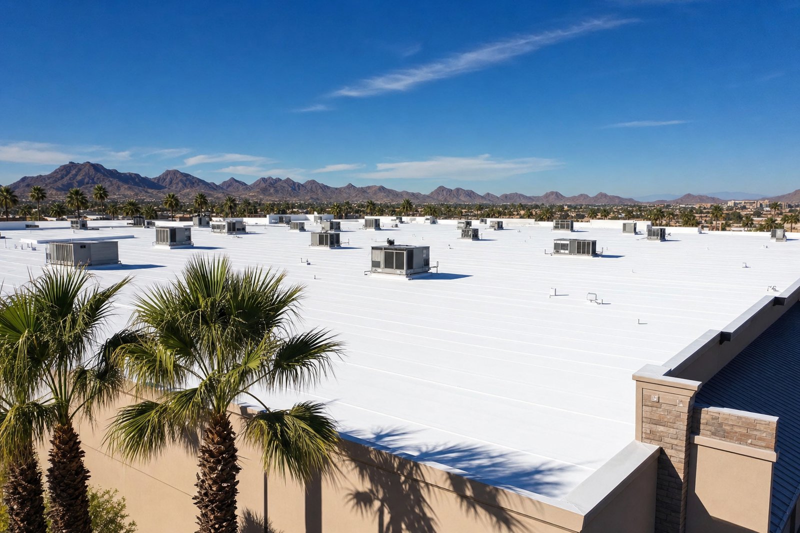 Wide view of a bright white TPO commercial flat roof on a Phoenix warehouse with rooftop HVAC units and metal curbs, palm trees, and desert mountains on the horizon