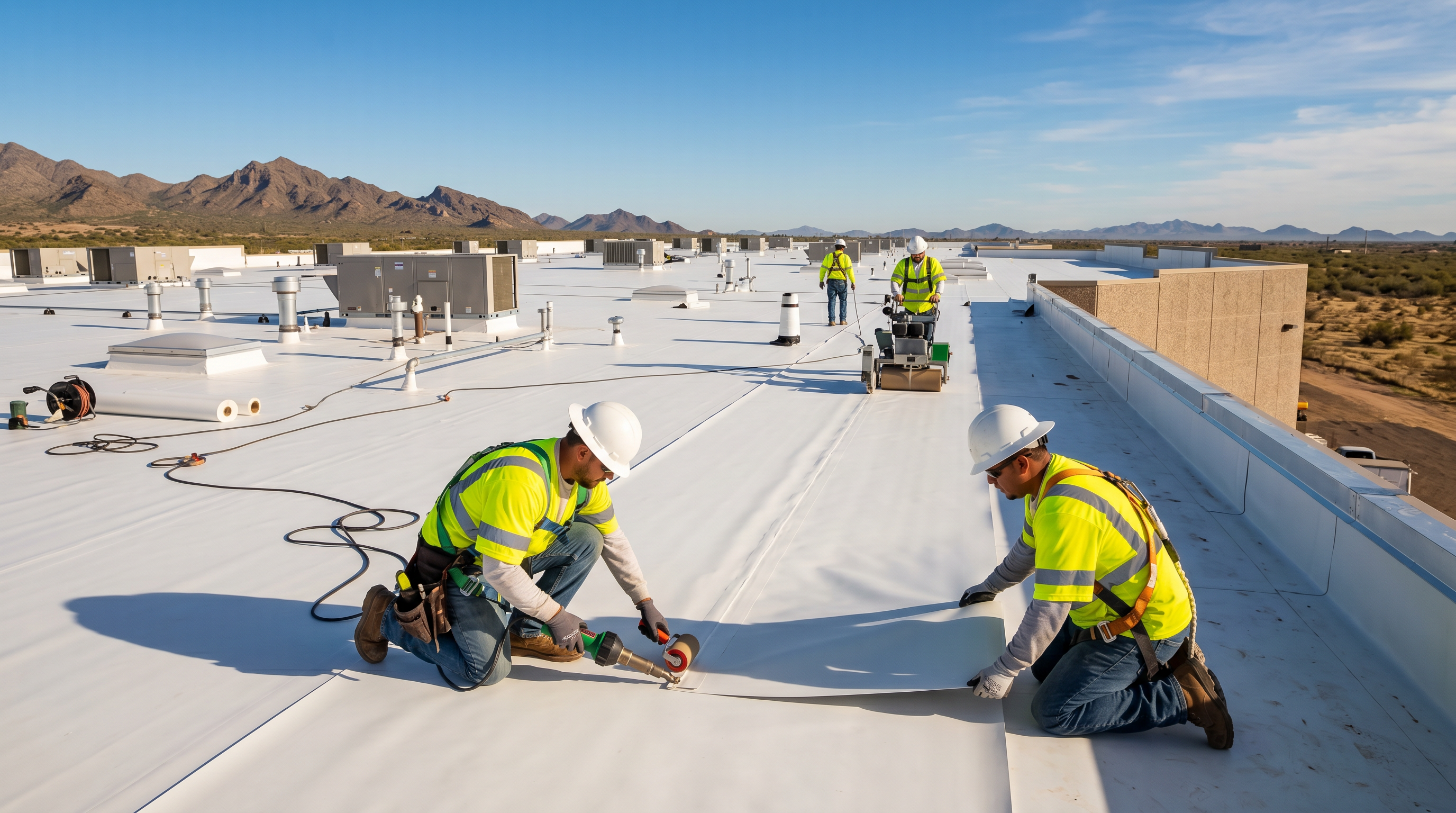 White TPO single-ply membrane roof on a commercial building in Arizona