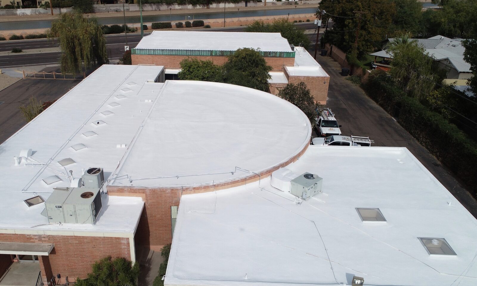 Completed AC100 roof coating on First Church of Christ, Scientist historic 1962 dome — Scottsdale AZ landmark restoration by Vanguard Roofing