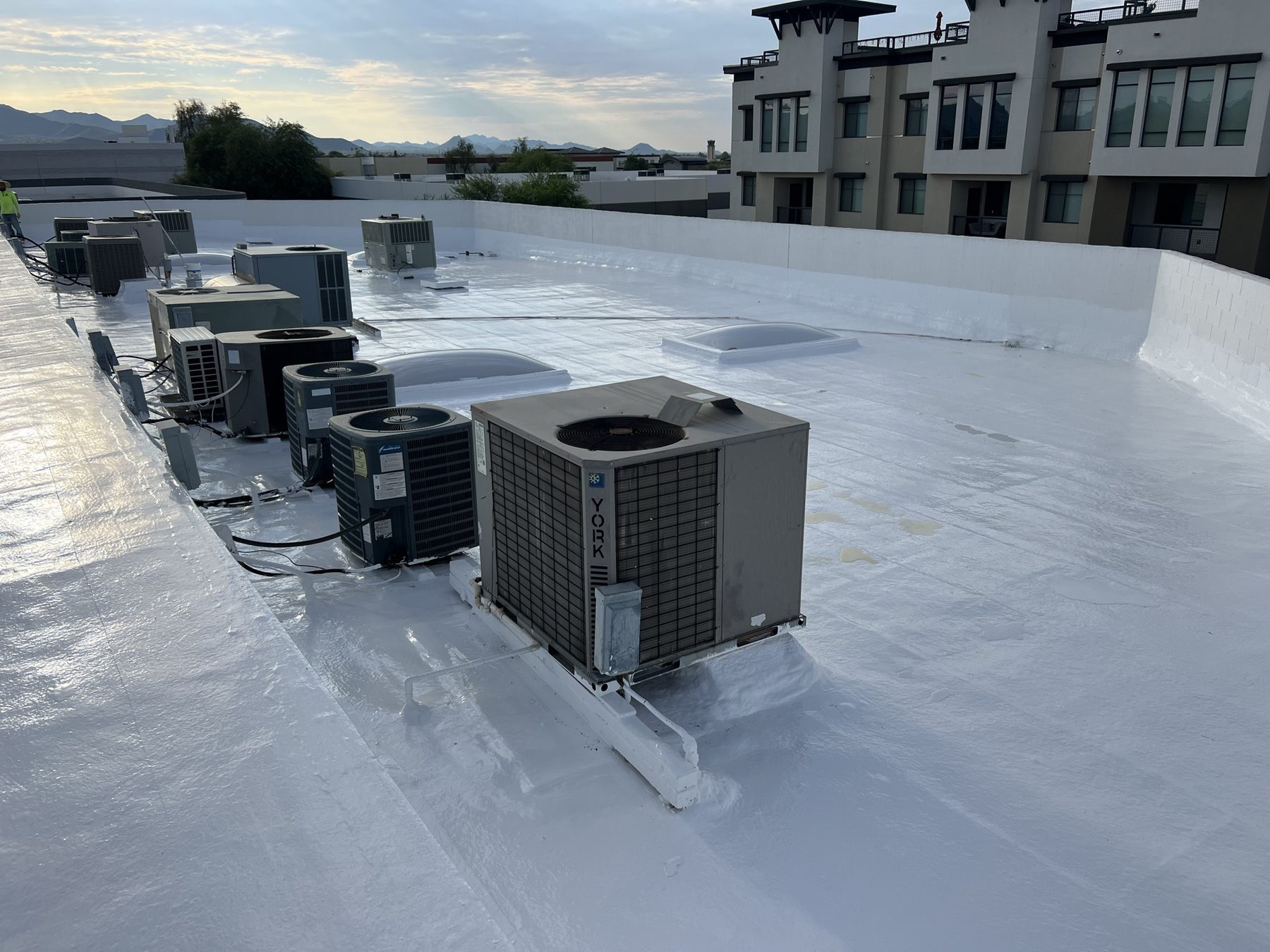 Rooftop view of the completed 10,000 sq ft silicone roof recoat at 7363 E Tierra Buena Ln in the Scottsdale Airpark — freshly applied bright white MuleHide 100% Silicone Roof Coating framing the row of package HVAC units on their newly-coated curbs, with the McDowell Mountains catching golden-hour light in the background and a three-story townhome community across the parapet on the right